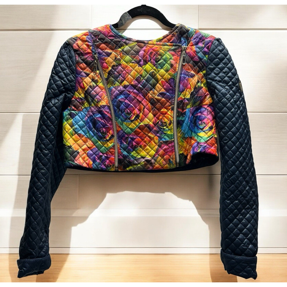 BC Freewill Cropped Micro Puffer Jacket & Vest Size Small Navy Bright Floral - Picture 2 of 12